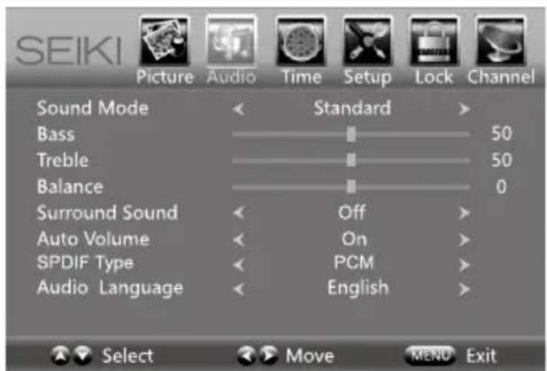 SEIKI Picture Audio Time Setup Lock Channel Sound Mode < Standard > Bass 50 Treble 50 Balance 0 Surround Sound < Off > Auto Volume < On > SPDIF Type < PCM > Audio Language < English > Select Move MENU Exit