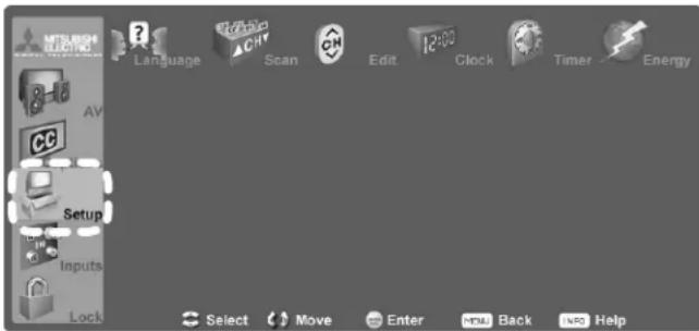 Language Scan Edit Clock Timer Energy AV Setup Inputs Lock Select Move Enter Back Help
