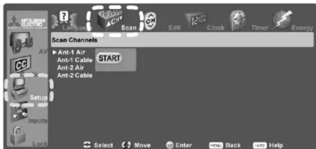 MITSUBISH ELECTRIC Language Scan Channels Ant-1 Air Ant-1 Cable Ant-2 Air Ant-2 Cable Setup Inputs Lock Select Move Enter Back Help