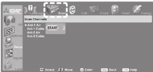 MTS RISHI ELECTRIC Language Scan Edit Clock Timer Energy Scan Channels Ant-1 Air ANT-1 Cable START 2 Ant-2 Air Ant-2 Cable Lock Select Move Enter Back Help