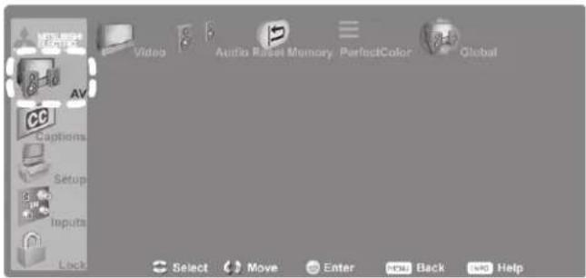 Video Audio Reset Memory PerfectColor Global AV Captions Setup Inputs Lock Select Move Enter Back Help