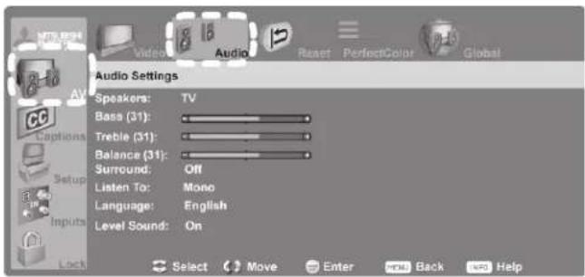Audio Settings Speakers: TV Bass (31): Treble (31): Balance (31): Surround: Off Listen To: Mono Language: English Level Sound: On Select Move Enter Back Help