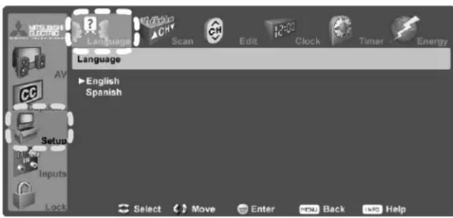 Language ▶English Spanish Setup Inputs Lock Select Move Enter Back Help