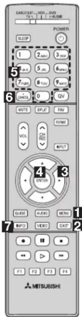 CABLESAT... VCP... DVD T1% +/- AIRL POWER SLEEP 1 2 MIN 3 MAX 5 6 MIN 7 MIN 8 MAX 9 MAX ON/OFF 0 QV WRITE SPLIT MOV VOL CH INPUT 4 3 ENTER GUID AUDIO MENU INFO VIDEO EXIT MITSUBISHI