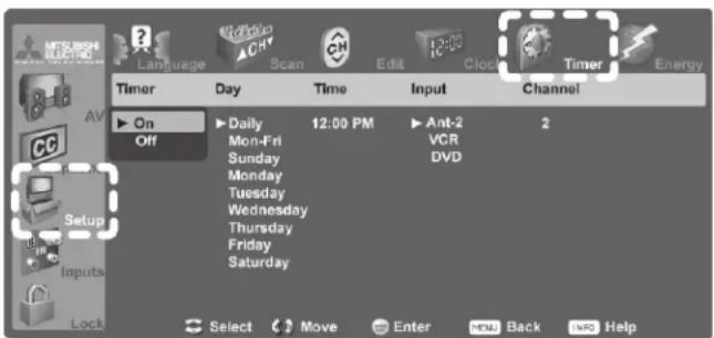 MTSHISHI ELECTRIC Language Scan Edit 12:00 Clock Timer Energy Timer Day Time Input Channel On ▶ Daily 12:00 PM ▶ Ant-2 2 Off Mon-Fri VCR Sunday DVD Monday Tuesday Wednesday Thursday Friday Saturday Setup Inputs Lock Select Move Enter Back NR Help