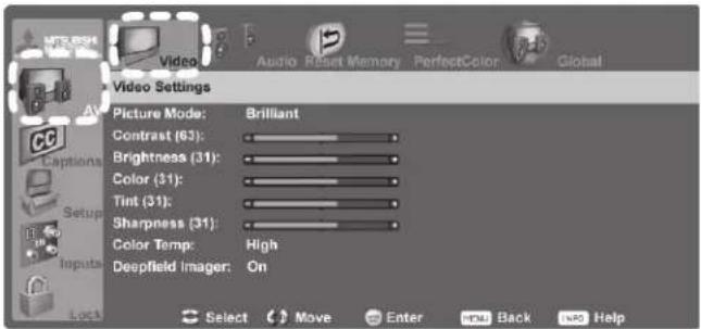 Video Settings Picture Mode: Brilliant Contrast (63): Brightness (31): Color (31): Tint (31): Sharpness (31): Color Temp: High Deepfield Imager: On Select Move Enter Back Help