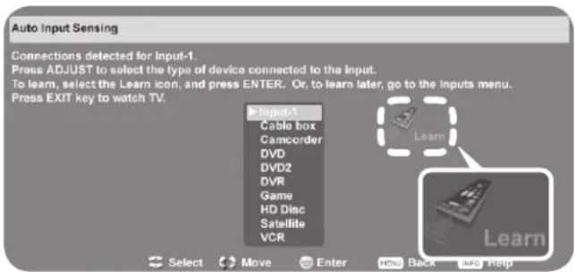 Auto Input Sensing Connections detected for Input-1. Press ADJUST to select the type of device connected to the Input. To learn, select the Learn icon, and press ENTER. Or, to learn later, go to the inputs menu. Press EXIT key to watch TV. Input-1 Cable box Camcorder DVD DVD2 DVR Game HD Disc Satellite VCR Learn Learn Select Move Enter HNU Back Help
