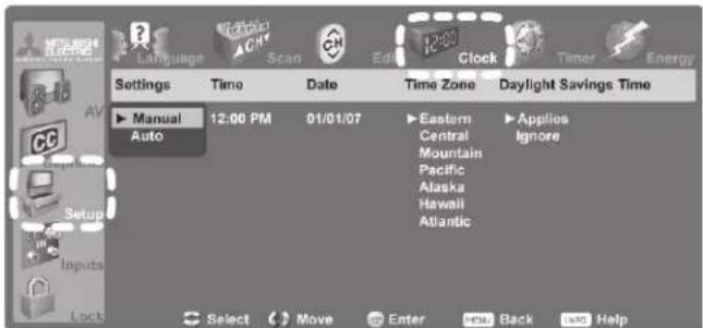 Settings Time Date Time Zone Daylight Savings Time ▶ Manual Auto 12:00 PM 01/01/07 ▶ Eastern Central Mountain Pacific Alaska Hawaii Atlantic ▶ Applies Ignore Select Move Enter Back Help