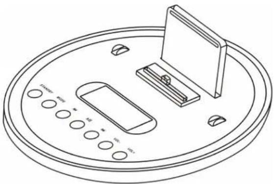 Line drawing of a circular electronic device with buttons and a monitor (no text or symbols)