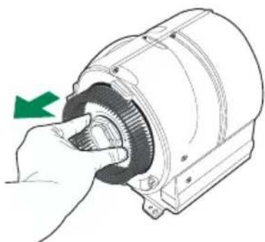 Illustration of a hand turning a mechanical component with a green arrow indicating rotation (no text or symbols present)