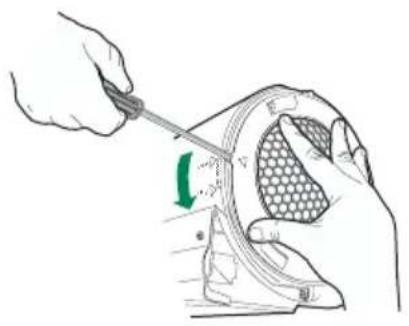 Illustration of hands using a tool to cut a textured object with a green arrow indicating direction (no text or symbols)