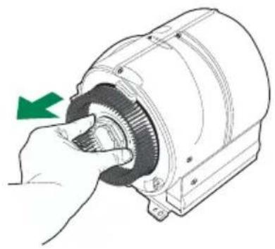 Illustration of a hand turning a mechanical component with a green arrow indicating the turning direction (no text or symbols present)
