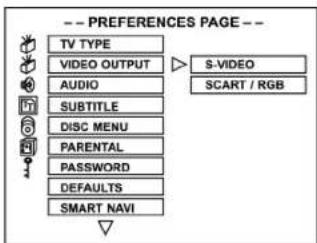 -- PREFERENCES PAGE -- TV TYPE VIDEO OUTPUT AUDIO SUBTITLE DISC MENU PARENTAL PASSWORD DEFAULTS SMART NAVI S-VIDEO SCART / RGB