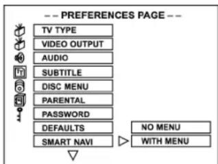 -- PREFERENCES PAGE -- TV TYPE VIDEO OUTPUT AUDIO SUBTITLE DISC MENU PARENTAL PASSWORD DEFAULTS NO MENU SMART NAVI WITH MENU