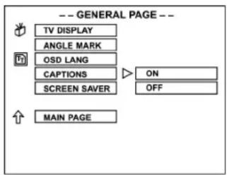 -- GENERAL PAGE -- TV DISPLAY ANGLE MARK OSD LANG CAPTIONS SCREEN SAVER ON OFF MAIN PAGE