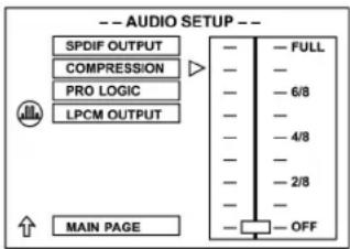 -- AUDIO SETUP -- SPDIF OUTPUT COMPRESSION PRO LOGIC LPCM OUTPUT ↑ MAIN PAGE - FULL - 6/8 - - - 4/8 - - - 2/8 - - - OFF
