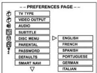 -- PREFERENCES PAGE -- TV TYPE VIDEO OUTPUT AUDIO SUBTITLE DISC MENU PARENTAL PASSWORD DEFAULTS SMART NAVI ENGLISH FRENCH SPANISH PORTUGUESE GERMAN ITALIAN