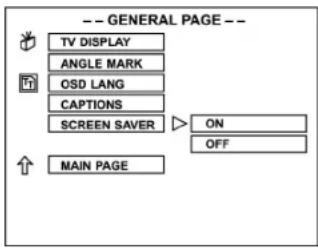 -- GENERAL PAGE -- TV DISPLAY ANGLE MARK OSD LANG CAPTIONS SCREEN SAVER ON OFF MAIN PAGE