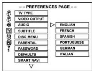 -- PREFERENCES PAGE -- TV TYPE VIDEO OUTPUT AUDIO SUBTITLE DISC MENU PARENTAL PASSWORD DEFAULTS SMART NAVI ENGLISH FRENCH SPANISH PORTUGUESE GERMAN ITALIAN