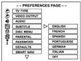 -- PREFERENCES PAGE -- TV TYPE VIDEO OUTPUT AUDIO SUBTITLE DISC MENU PARENTAL PASSWORD DEFAULTS SMART NAVI ENGLISH FRENCH SPANISH PORTUGUESE GERMAN ITALIAN OFF