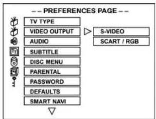 -- PREFERENCES PAGE -- TV TYPE VIDEO OUTPUT AUDIO SUBTITLE DISC MENU PARENTAL PASSWORD DEFAULTS SMART NAVI S-VIDEO SCART / RGB