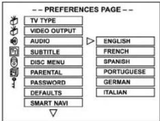 -- PREFERENCES PAGE -- TV TYPE VIDEO OUTPUT AUDIO SUBTITLE DISC MENU PARENTAL PASSWORD DEFAULTS SMART NAVI ENGLISH FRENCH SPANISH PORTUGUESE GERMAN ITALIAN