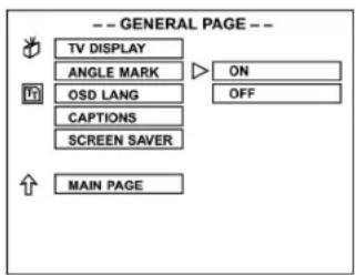 -- GENERAL PAGE -- TV DISPLAY ANGLE MARK ON OSD LANG OFF CAPTIONS SCREEN SAVER MAIN PAGE