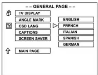 -- GENERAL PAGE -- TV DISPLAY ANGLE MARK OSD LANG CAPTIONS SCREEN SAVER MAIN PAGE ENGLISH FRENCH ITALIAN SPANISH GERMAN