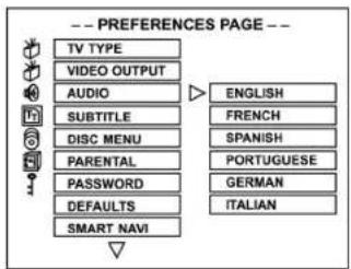 -- PREFERENCES PAGE -- TV TYPE VIDEO OUTPUT AUDIO SUBTITLE DISC MENU PARENTAL PASSWORD DEFAULTS SMART NAVI ENGLISH FRENCH SPANISH PORTUGUESE GERMAN ITALIAN