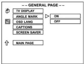 -- GENERAL PAGE -- TV DISPLAY ANGLE MARK ON OSD LANG OFF CAPTIONS SCREEN SAVER MAIN PAGE