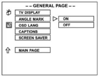 -- GENERAL PAGE -- TV DISPLAY ANGLE MARK OSD LANG CAPTIONS SCREEN SAVER MAIN PAGE
