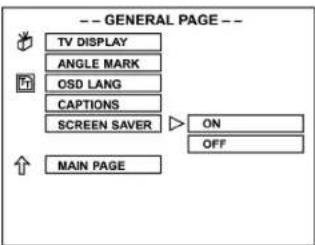 -- GENERAL PAGE -- TV DISPLAY ANGLE MARK OSD LANG CAPTIONS SCREEN SAVER ON OFF MAIN PAGE