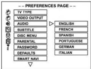 -- PREFERENCES PAGE -- TV TYPE VIDEO OUTPUT AUDIO SUBTITLE DISC MENU PARENTAL PASSWORD DEFAULTS SMART NAVI ENGLISH FRENCH SPANISH PORTUGUESE GERMAN ITALIAN