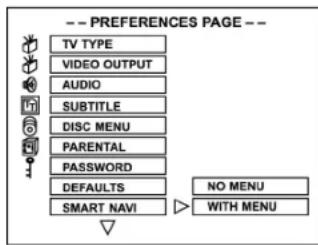 -- PREFERENCES PAGE -- TV TYPE VIDEO OUTPUT AUDIO SUBTITLE DISC MENU PARENTAL PASSWORD DEFAULTS SMART NAVI NO MENU WITH MENU