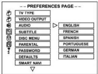 -- PREFERENCES PAGE -- TV TYPE VIDEO OUTPUT AUDIO SUBTITLE DISC MENU PARENTAL PASSWORD DEFAULTS SMART NAVI ENGLISH FRENCH SPANISH PORTUGUESE GERMAN ITALIAN