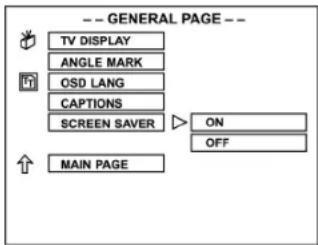 -- GENERAL PAGE -- TV DISPLAY ANGLE MARK OSD LANG CAPTIONS SCREEN SAVER ON OFF MAIN PAGE