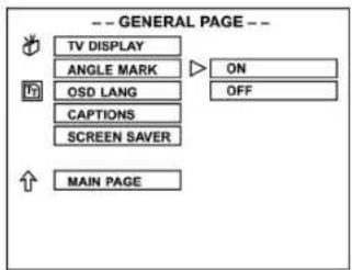 -- GENERAL PAGE -- TV DISPLAY ANGLE MARK ON OSD LANG OFF CAPTIONS SCREEN SAVER MAIN PAGE