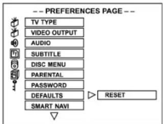 -- PREFERENCES PAGE -- TV TYPE VIDEO OUTPUT AUDIO SUBTITLE DISC MENU PARENTAL PASSWORD DEFAULTS SMART NAVI RESET