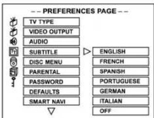 -- PREFERENCES PAGE -- TV TYPE VIDEO OUTPUT AUDIO SUBTITLE DISC MENU PARENTAL PASSWORD DEFAULTS SMART NAVI ENGLISH FRENCH SPANISH PORTUGUESE GERMAN ITALIAN OFF