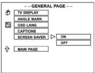 -- GENERAL PAGE -- TV DISPLAY ANGLE MARK OSD LANG CAPTIONS SCREEN SAVER ON OFF MAIN PAGE