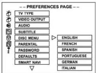 -- PREFERENCES PAGE -- TV TYPE VIDEO OUTPUT AUDIO SUBTITLE DISC MENU PARENTAL PASSWORD DEFAULTS SMART NAVI ENGLISH FRENCH SPANISH PORTUGUESE GERMAN ITALIAN