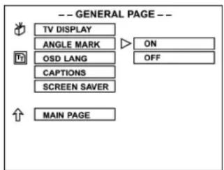 -- GENERAL PAGE -- TV DISPLAY ANGLE MARK ON OSD LANG OFF CAPTIONS SCREEN SAVER MAIN PAGE