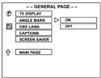 -- GENERAL PAGE -- TV DISPLAY ANGLE MARK ON OSD LANG OFF CAPTIONS SCREEN SAVER MAIN PAGE