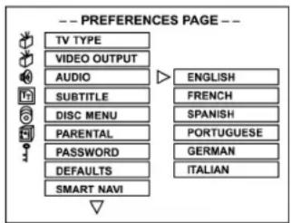-- PREFERENCES PAGE -- TV TYPE VIDEO OUTPUT AUDIO SUBTITLE DISC MENU PARENTAL PASSWORD DEFAULTS SMART NAVI ENGLISH FRENCH SPANISH PORTUGUESE GERMAN ITALIAN