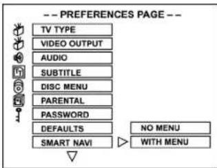 -- PREFERENCES PAGE -- TV TYPE VIDEO OUTPUT AUDIO SUBTITLE DISC MENU PARENTAL PASSWORD DEFAULTS SMART NAVI NO MENU WITH MENU