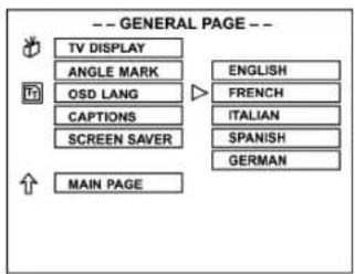 -- GENERAL PAGE -- TV DISPLAY ANGLE MARK OSD LANG CAPTIONS SCREEN SAVER MAIN PAGE ENGLISH FRENCH ITALIAN SPANISH GERMAN