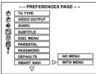 -- PREFERENCES PAGE -- TV TYPE VIDEO OUTPUT AUDIO SUBTITLE DISC MENU PARENTAL PASSWORD DEFAULTS SMART NAVI NO MENU WITH MENU