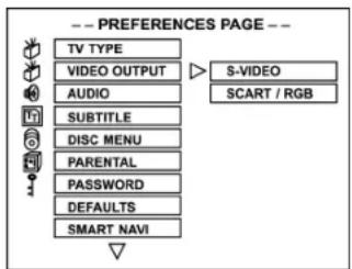 -- PREFERENCES PAGE -- TV TYPE VIDEO OUTPUT AUDIO SUBTITLE DISC MENU PARENTAL PASSWORD DEFAULTS SMART NAVI S-VIDEO SCART / RGB