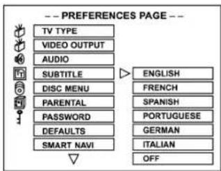 -- PREFERENCES PAGE -- TV TYPE VIDEO OUTPUT AUDIO SUBTITLE DISC MENU PARENTAL PASSWORD DEFAULTS SMART NAVI ENGLISH FRENCH SPANISH PORTUGUESE GERMAN ITALIAN OFF