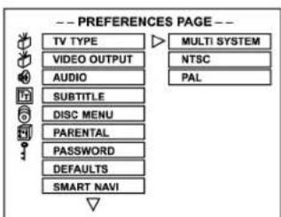 -- PREFERENCES PAGE -- TV TYPE VIDEO OUTPUT AUDIO SUBTITLE DISC MENU PARENTAL PASSWORD DEFAULTS SMART NAVI MULTI SYSTEM NTSC PAL